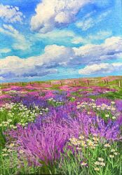 Rule 34 | blue sky, cloud, cloudy sky, commentary, day, england, english commentary, field, flower, gouache (medium), highres, kate avery, no humans, original, outdoors, painting (medium), pink flower, plant, purple flower, scenery, sky, traditional media, white flower