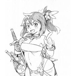 1girl bandeau black_hair breasts cleavage curvy etrian_odyssey highleg highleg_one-piece_swimsuit highres index_finger_raised large_breasts legs looking_at_viewer midriff monochrome navel one-piece_swimsuit open_mouth ponytail sarong shilleka sketch smile solo swimsuit sword thick_thighs thighs tribal underboob weapon