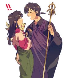 1boy 1girl brown_hair creature grabbing_another&#039;s_ass groping hetero highres inuyasha japanese_clothes kimono kirara_(inuyasha) long_hair looking_at_another mame_moyashi miroku_(inuyasha) monk sango_(inuyasha) shakujou short_hair simple_background staff upper_body white_background