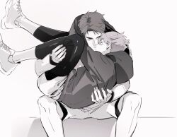 2boys arms_around_neck carrying chinese_commentary closed_mouth commentary_request compression_leggings fandangyu feet_out_of_frame fingernails greyscale haikyuu!! highres holding hood hood_down hoodie kiss male_focus monochrome multiple_boys oikawa_tooru_(haikyuu!!) parted_lips princess_carry shoelaces shoes short_hair shorts simple_background sitting sneakers ushijima_wakatoshi white_background yaoi