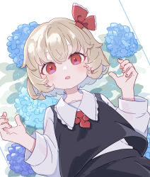 1girl absurdres ascot black_skirt black_vest blonde_hair blue_flower blush collared_shirt commentary flower hair_ribbon hands_up highres kame_(kamepan44231) long_sleeves looking_at_viewer open_mouth red_ascot red_eyes red_ribbon ribbon rumia shirt short_hair skirt skirt_set solo teeth touhou upper_body upper_teeth_only vest white_shirt