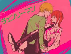 1997 1boy 1girl age_difference black_footwear black_necktie black_pants blonde_hair braid braided_ponytail breasts business_suit chainsaw_man collared_shirt denji_(chainsaw_man) expressionless finger_in_another&#039;s_mouth formal_clothes green_shirt hand_grab leg_lock long_hair looking_at_another makima_(chainsaw_man) medium_breasts nail_polish necktie office_lady pants ringed_eyes serious shirt shirt_tucked_in shoes short_hair smile suit trifle428 white_shirt yellow_eyes