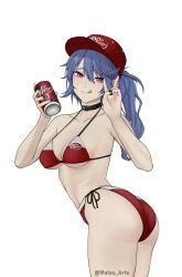 1girl absurdres alternate_costume artist_name ass baseball_cap bikini black_collar black_nails blue_hair breasts can closed_mouth collar collarbone commentary commission cowboy_shot dr_pepper english_commentary girls&#039;_frontline hat highres holding holding_can k11_(girls&#039;_frontline) long_hair looking_at_viewer matsu_arts print_bikini print_hat purple_eyes red_bikini red_hat side-tie_bikini_bottom side_ponytail simple_background smile solo string_bikini swimsuit tongue tongue_out twitter_username v white_background
