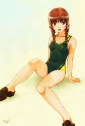 1girl :d artist_name bare_legs blush braid breasts brown_eyes brown_hair cameltoe covered_erect_nipples female_focus green_one-piece_swimsuit highres kimi_kiss kobayashi_yuji legs mizusawa_mao no_socks one-piece_swimsuit open_mouth school_swimsuit shoes sitting smile solo swimsuit twin_braids