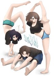 Rule 34 | 1boy, 2girls, absurdres, alice gunlock, barefoot, blue panties, brown hair, dolphin shorts, fav faris, full body, hair over one eye, handstand, highres, leg hold, looking at viewer, midriff, multiple girls, navel, original, panties, short hair, short sleeves, shorts, simple background, smile, standing, standing on one leg, stretching, thighs, underwear