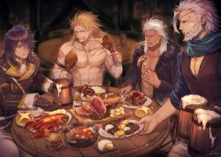 4boys abs bara eating hair_between_eyes large_pectorals long_hair male_focus mature_male meal multiple_boys muscular muscular_male navel nipples original pectorals shidatsu_takayuki smile stomach topless_male