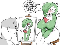 Rule 34 | 1boy, 1girl, blush, bob cut, breasts, canvas (object), colored skin, dizzyspells, dress, gardevoir, gen 3 pokemon, green hair, green skin, hair over one eye, holding, holding paintbrush, large breasts, multicolored skin, nintendo, on stool, paintbrush, pink eyes, pokemon, pokemon (creature), simple background, sitting, speech bubble, sweat, two-tone skin, white background, white dress, white skin