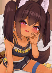 1girl animal_ear_fluff animal_ears anubis_(surio) bare_arms bare_shoulders blush breasts brown_hair character_name chinese_commentary commentary_request crop_top crying_emoji dark-skinned_female dark_skin emoji hair_between_eyes highres meme midriff miniskirt open_mouth protected_link skirt small_breasts solo stomach surio tail tank_top thighs twintails uohhhhhhhhh!_(meme)