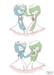 Rule 34 | absurdres, alternate color, artist name, blue hair, blue skin, colored skin, dress, flower wreath, gardevoir, gen 3 pokemon, green hair, green skin, highres, hime takeo, multicolored skin, nintendo, pokemon, pokemon (creature), shiny pokemon, signature, simple background, two-tone skin, white background, white dress, white skin