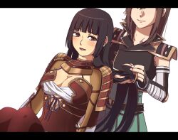 armor black_hair blunt_bangs blush breasts brown_hair cleavage hairbrush ii_naotora ii_naotora_(sengoku_musou) lips long_hair medium_breasts open_mouth pauldrons pleated_skirt protagonist_(sengoku_musou_chronicle) red_thighhighs sengoku_musou sengoku_musou_chronicle shiny_skin shoulder_armor skirt smile thighhighs very_long_hair