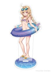 1girl bare_arms bare_legs bare_shoulders bikini blonde_hair braid breasts collarbone commentary_request company_name copyright_name copyright_notice eyewear_on_head feet full_body grin innertube knees little_witch_nobeta logo long_hair looking_at_viewer navel nobeta nobeta_(swimsuit_skin) official_alternate_costume official_art purple_bikini red_eyes shoes simple_background small_breasts smile solo stomach swim_ring swimsuit twin_braids underboob very_long_hair white_background
