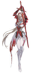 Rule 34 | 1girl, absurdres, bianca: stigmata (pyrewatch) (pgr), blonde hair, blue gemstone, blunt bangs, bodice, breasts, cheng (zi74438982), cleavage, gem, hair intakes, highres, holding, holding sword, holding weapon, large breasts, long hair, mechanical arms, official alternate costume, pants, punishing: gray raven, red eyes, red hair, shade, signature, simple background, solo, striped hair, sword, very long hair, weapon, white background, white pants