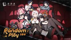 1boy 5girls animal_ears asaba_harumasa bandana bangboo_(zenless_zone_zero) black_gloves black_hair black_necktie black_pantyhose black_shoes black_thighhighs boots breasts cleavage cleavage_cutout closed_eyes closed_mouth clothing_cutout collared_shirt crop_top cropped_jacket cropped_shirt crossed_legs denim denim_shorts duplicate ellen_joe eyebrows_hidden_by_hair eyes_visible_through_hair fingerless_gloves fins fish_tail fox_ears fox_girl full_body fur-trimmed_jacket fur_trim gloves green_eyes hair_ornament hairclip high-waist_shorts high-waist_skirt high_heels hoshimi_miyabi hoyofair jacket jacket_on_shoulders jane_doe_(zenless_zone_zero) large_breasts lollipop_in_mouth long_hair looking_to_the_side maid maid_headdress monoco55 mouse_ears mouse_girl mouse_tail movie_theater multiple_girls necktie nicole_demara official_art open_clothes open_jacket open_shirt pantyhose parted_lips pink_hair red_eyes red_hair shark_girl shark_tail shirt shoes short_hair short_shorts shorts single_thighhigh sitting skirt sleeping sunglasses tail thighhighs twintails very_long_hair white_boots white_hair yellow_bandana yellow_eyes yixuan_(zenless_zone_zero) zenless_zone_zero