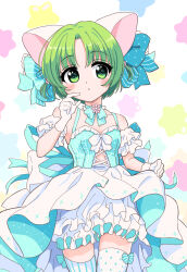 1girl animal_ears anzu_yoshihiro aqua_bow aqua_bowtie aqua_corset aqua_ribbon asymmetrical_legwear back_bow bloomers blush bow bowtie cat_ears closed_mouth cowboy_shot curtained_hair dejiko detached_sleeves di_gi_charat expressionless flat_chest gloves green_eyes green_hair hair_bow hand_up high-low_skirt highres looking_at_viewer mismatched_legwear pinstripe_pattern pinstripe_thighhighs polka_dot polka_dot_thighhighs ribbon short_hair short_sleeves simple_background skirt solo thighhighs two_side_up underwear white_background white_bloomers white_bow white_gloves white_skirt