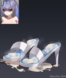 1girl absurdres artist_name blue_hair closed_mouth crossed_bangs cum cum_in_footwear cumdrip ecchi-o eyelashes footwear_focus grey_background hair_between_eyes hair_intakes high_heel_sandals high_heels highres hololive hololive_english ouro_kronii paid_reward_available partially_shaded_face sandals shadow sidelocks solo stiletto_heels twitter_username unworn_sandals upper_body v-shaped_eyebrows virtual_youtuber white_sandals