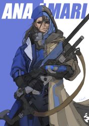 1girl aged_down ana_(overwatch) armor bandages beret black_gloves black_hair blue_coat blue_hat blue_jacket bodysuit braid brown_eyes captain_amari character_name coat comparison cowboy_shot dark-skinned_female dark_skin emblem eye_of_horus facial_mark facial_tattoo female_focus gauntlets gloves gun hat hichi hichi_(hichiworks) holding holding_gun holding_weapon jacket long_hair military military_uniform mole mole_under_eye official_alternate_costume overwatch overwatch_1 power_armor power_suit rifle scope signature sniper_rifle solo split_image split_theme tattoo unfinished weapon white_hair
