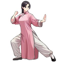 1girl absurdres braid changpao china_dress chinese_clothes dress fighting fighting_stance highres kokoro_no_koibito kung_fu long_hair long_sleeves mandarin_collar martial_arts monk original pink_dress self-upload shaolin_monk single_braid solo tangzhuang training