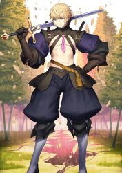 1boy abs aqua_eyes armor belt belt_buckle black_armor black_pants blonde_hair boots brown_armor brown_belt brown_gloves buckle closed_mouth detached_sleeves durandal_(fate) fate/grand_order fate_(series) feet_out_of_frame game_cg gloves hand_on_own_hip hand_up high_collar holding holding_sword holding_weapon leather_armor leg_armor legs_apart long_sleeves looking_at_viewer male_focus neck_armor necktie no_shirt official_art over_shoulder pants pectorals pink_necktie puffy_pants puffy_sleeves purple_sleeves roland_(fate) sakamoto_mineji short_hair short_necktie shoulder_belt sideburns smile solo standing sword third-party_source toned toned_male variant_set weapon weapon_over_shoulder white_boots