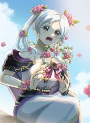 1girl armpits artist_request bare_arms bare_shoulders bracelet breasts brown_eyes capelet cleavage collarbone day dress eyelashes falling_petals female_focus female_robin_(fire_emblem) female_robin_(valentine)_(fire_emblem) fingerless_gloves fingernails fire_emblem fire_emblem_awakening fire_emblem_heroes flower flower_bracelet flower_knot gloves hair_flower hair_ornament halterneck hands_up happy highres holding holding_flower light_blush long_dress long_hair looking_at_viewer medium_breasts mermaid_dress neck off_shoulder official_alternate_costume open_mouth outdoors petals rope_belt sidelocks signature sitting sky sleeveless sleeveless_dress smile spaghetti_strap swept_bangs tight_clothes tight_dress twintails white_hair