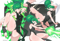 1girl blush breasts collared_dress dress energy_beam female_focus gluteal_fold green_eyes green_hair highres leg_up looking_at_viewer matching_hair/eyes medium_hair nail_polish one-punch_man sintrybest small_breasts solo stirrup_legwear tatsumaki thick_thighs thighs toeless_legwear toenail_polish toenails