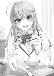 1girl :d ahoge bekotarou blazer blurry blurry_background blush bow bowtie breasts chopsticks collared_shirt commentary eyelashes feeding fingernails food greyscale hair_bow hands_up holding holding_chopsticks incoming_food indoors jacket large_breasts long_hair long_sleeves looking_at_viewer monochrome omelet open_mouth original pov pov_across_table school_uniform shirt smile solo soup table upper_body wing_collar