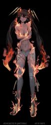 1girl absurdres artist_name black_background black_hair breasts clothing_cutout commentary commission commissioner_name covering_breasts covering_privates english_commentary fiery_hair floating_headgear fnostic full_body headgear highres leggings long_hair lucia:_pyroath_(pgr) lucia_(pgr) medium_breasts navel punishing:_gray_raven red_eyes solo thigh_cutout topless_female twintails very_long_hair white_leggings