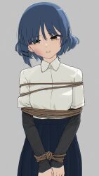 1girl black_shirt blue_hair blue_skirt bocchi_the_rock! bound bound_arms breasts bruise commentary_request dochi_(dosa_dosa_dosa) earrings green_eyes hair_ornament hairclip highres injury jewelry layered_sleeves long_sleeves medium_hair open_mouth pleated_skirt restrained shirt shirt_tucked_in short_hair short_over_long_sleeves short_sleeves skirt small_breasts smile solo stud_earrings white_shirt yamada_ryo