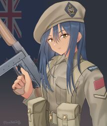 Rule 34 | 1girl, absurdres, ammunition pouch, artist name, belt, beret, blue hair, breast pocket, brown belt, brown hat, brown jacket, closed mouth, commentary, dark-skinned female, dark skin, flag background, gun, hat, hat ornament, highres, holding, holding gun, holding weapon, jacket, leochan1202, long hair, long sleeves, looking at viewer, military, military rank insignia, military uniform, new zealand, new zealand flag, original, pocket, pouch, sidelocks, solo, submachine gun, thompson submachine gun, trigger discipline, upper body, weapon, world war ii, yellow eyes