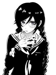 1girl blush braid collared_shirt danganronpa:_trigger_happy_havoc danganronpa_(series) eyelashes fukawa_toko glasses greyscale highres long_hair mole mole_under_mouth monochrome nail_polish neckerchief open_mouth round_eyewear sailor_collar school_uniform serafuku shirt simple_background solo twin_braids upper_body user_dhcf8737 white_background