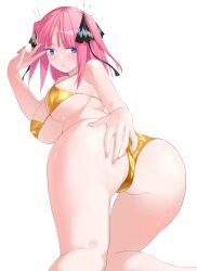 1girl all_fours ass ass_focus bikini blue_eyes blush breasts butterfly_hair_ornament closed_mouth feet_out_of_frame go-toubun_no_hanayome gold_bikini hair_ornament hand_on_own_ass hand_up highres huge_ass kosmos_beta large_breasts looking_at_viewer looking_back medium_hair nail_polish nakano_nino pink_hair pink_nails simple_background solo swimsuit thighs two_side_up v white_background wide_hips