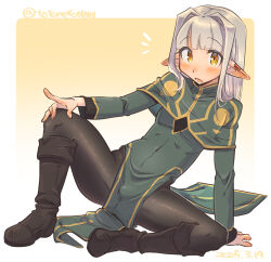 1boy androgynous black_pantyhose blunt_bangs blush boots bulge cape crossdressing crossdressing_(mtf) earrings elf full_body grey_hair hair_intakes highres jewelry long_hair looking_at_viewer male_focus original pantyhose pointy_ears signature simple_background sitting solo spread_legs totonero trap yellow_eyes