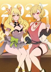 Rule 34 | 2025, alcohol, bare arms, bare legs, bare shoulders, blonde hair, blush, breasts, butterfly hair ornament, celine (fire emblem), champagne flute, citrinne (fire emblem), cleavage, collar, collarbone, covered erect nipples, crossed legs, cup, dress, drinking glass, earrings, feather hair ornament, feathers, fire emblem, fire emblem engage, frilled dress, frills, gloves, green eyes, hair ornament, highres, holding, holding cup, jacket, jewelry, long hair, long sleeves, looking at viewer, medium breasts, mismatched earrings, necklace, new year, nintendo, orange background, pelvic curtain, red eyes, revolverwing, short hair, short sleeves, sideboob, sitting, small breasts, smile, very long hair