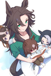 Rule 34 | 4girls, :&gt;, age difference, aged down, animal ears, artist name, black hair, brown hair, brown pants, closed mouth, collarbone, commentary request, green eyes, green shirt, hair between eyes, horse ears, horse girl, horse tail, indian style, long hair, looking at viewer, mejiro ramonu (umamusume), mukakin, multicolored hair, multiple girls, pants, purple eyes, shirt, shoes, short hair, simple background, sirius symboli (umamusume), sitting, smile, speed symboli (umamusume), streaked hair, suspenders, symboli rudolf (umamusume), tail, umamusume, very long hair, white background, white hair, white pants, white shoes