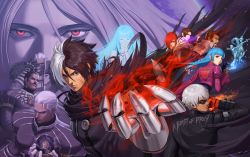 5girls 6+boys black_hair black_jacket blue_hair blunt_bangs candy_diamond closed_eyes closed_mouth clothes_writing dark-skinned_male dark_skin diana_(kof) dress english_text facial_hair facial_scar fire fire foxy_(kof) gloves hair_over_one_eye hand_up heart heart_print highres igniz_(kof) index_finger_raised isolde_(kof) jacket k&#039;_(kof) krizalid kula_diamond kusanagi_kyou long_hair looking_at_viewer maxima metal_gloves multicolored_hair multiple_boys multiple_girls mustache nameless_(kof) official_art one_eye_covered original_zero own_hands_clasped own_hands_together praying print_jacket pyrokinesis red_gloves red_hair scar scar_on_cheek scar_on_face short_hair snk sunglasses the_king_of_fighters the_king_of_fighters_2002 the_king_of_fighters_all-stars two-tone_hair white_dress white_hair yagami_iori zero_(kof)