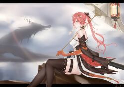 1girl bare_shoulders black_thighhighs breasts changli_(wuthering_waves) china_dress chinese_clothes closed_mouth cloud cloudy_sky dragon dress duplicate elbow_gloves gloves hair_ornament highres himos holding holding_umbrella long_hair looking_at_viewer oil-paper_umbrella pink_hair ponytail red_hair sitting sky solo thighhighs umbrella wuthering_waves yellow_eyes