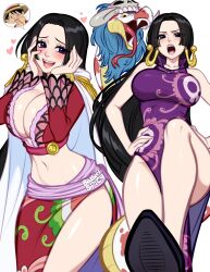 1girl black_hair blue_eyes blush blushyspicy boa_hancock breasts cleavage commentary crop_top dress earrings english_commentary epaulettes hands_on_own_cheeks hands_on_own_face heart highres image_in_speech_bubble jewelry large_breasts long_hair looking_at_viewer monkey_d._luffy multiple_views navel one_piece open_mouth purple_dress salome_(one_piece) snake_earrings speech_bubble very_long_hair