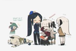 5girls ahoge alternate_costume alternate_universe animal_ears black_hair blue_hair closed_eyes colored_skin contemporary crying dress english_text family_guy_death_pose_(meme) formal_clothes goat_ears goat_girl goat_horns goddess_of_war_(porforever) halo hat headpat highres horns meme multiple_girls original pant_suit pants ponytail porforever round_eyewear sitting skirt standing suit sunset_(porforever) white_hair white_skin witch_hat
