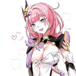 1girl blue_eyes breasts clothes_pull commentary corset elf elysia_(honkai_impact) elysia_(miss_pink_elf)_(honkai_impact) hair_ornament heart highres honkai_(series) honkai_impact_3rd large_breasts long_hair looking_at_viewer nipples open_mouth pink_hair pink_pupils pointy_ears pulling_own_clothes shirt_pull simple_background solo symbol-only_commentary teeth upper_body upper_teeth_only white_background white_corset zzdelia233