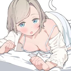 1girl :o blue_eyes blue_ribbon blush breasts cat_tail ceras_yanagida_lilienfeld ceras_yanagida_lilienfeld_(summer_loungewear) cleavage clenched_hands collarbone commentary dress dress_ribbon frilled_dress frilled_sleeves frills grey_hair hair_intakes highres jacket large_breasts link!_like!_love_live! liz_(piyoko_piyop) long_hair long_sleeves looking_at_viewer loungewear love_live! lying medium_dress official_alternate_costume on_bed on_stomach open_clothes open_jacket open_mouth paw_pose pink_ribbon ribbon sidelocks simple_background single_bare_shoulder single_off_shoulder sleeveless sleeveless_dress solo spaghetti_strap swept_bangs tail virtual_youtuber white_background white_dress