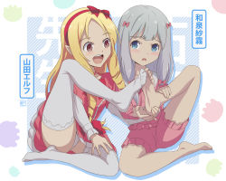 2girls text_background barefoot blonde_hair blue_eyes blunt_bangs blush bow brown_eyes commentary conejologia dress drill_hair eromanga_sensei frilled_dress frills full_body grey_hair hair_bow hairband highres holding_own_foot izumi_sagiri leg_up long_hair long_sleeves looking_at_another looking_to_the_side low-tied_long_hair multiple_girls open_mouth pajamas patterned_background pink_bow pink_dress pink_pajamas pointy_ears red_bow sitting smile teeth thighhighs translation_request twin_drills upper_teeth_only white_legwear yamada_elf