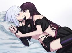 Rule 34 | 2girls, aoki shizumi, black nails, black shirt, black shorts, black thighhighs, collar, highres, kurogane otoha, leash, long sleeves, midriff, multiple girls, off-shoulder shirt, off shoulder, parted lips, pillow, purple eyes, purple hair, rock wa lady no tashinami deshite, shiraya tamaki, shirt, short hair, shorts, simple background, sweat, thick eyelashes, thighhighs, white background, white hair, yuri