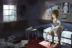 1girl bed brown_eyes brown_hair crossed_arms detective female_focus garter_straps gun handgun high_heels justminor left-handed legs long_hair long_sleeves marlboro mugshot newspaper on_bed original poster_(object) revolver room shadow shirt shoes sitting skirt solo stool sunlight thighhighs trigger_discipline wanted_poster weapon window window_blinds window_shadow