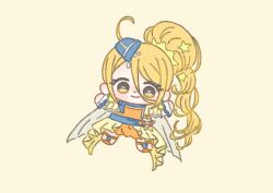 Rule 34 | 1girl, ahoge, bag bow, beads, beret, blonde hair, blue hat, blue scarf, bow, chibi, closed mouth, cure etoile, dot nose, dress, hair beads, hair between eyes, hair ornament, hair scrunchie, happy, hat, heart-shaped bag, hugtto! precure, ichigo usuhana, kagayaki homare, long hair, long hair between eyes, long skirt, looking at viewer, magical girl, mini hat, orange dress, orange sandals, pink bow, pleated dress, precure, sandals, scarf, scrunchie, short dress, short sleeves, showgirl skirt, side ponytail, simple background, skirt, smile, solo, tareme, very long hair, waist bag, white bag, white wrist cuffs, wrist cuffs, yellow background, yellow eyes, yellow scrunchie, yellow skirt, yellow sleeves