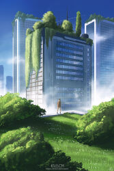 Rule 34 | 1girl, artist logo, bare legs, blue sky, brown hair, building, bush, city, cityscape, commentary, contrail, day, dress, english commentary, fantasy, flock, flower, fog, from behind, grass, highres, kvacm, logo, long hair, on rooftop, original, outdoors, overgrown, ponytail, red dress, scenery, shoes, short dress, simple bird, sky, skyscraper, standing, sunlight, very wide shot, watermark, white flower, window