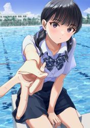 1girl absurdres black_hair blue_bow blue_bowtie blue_ribbon blue_shirt blue_skirt blush bow bowtie building character_request closed_mouth collared_shirt copyright_request dress_shirt fence gyaru_v hair_ribbon hasisisissy highres long_hair looking_at_viewer outdoors outstretched_arm pleated_skirt pool purple_eyes ribbon school_uniform shirt short_sleeves short_twintails sitting skirt solo striped_bow striped_bowtie striped_clothes tree twintails v