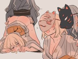 2girls bang_dream! bang_dream!_it&#039;s_mygo!!!!! blonde_hair blue_hair blue_kimono blush breasts cleavage clothes_lift earrings fox_mask grey_background hands_on_another&#039;s_waist highres japanese_clothes jewelry kimono kimono_lift large_breasts mask medium_hair milfcookiesimp misumi_uika multiple_girls obi open_mouth purple_eyes sash simple_background sweat togawa_sakiko top-down_bottom-up yuri