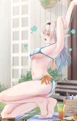 1girl absurdres aqua_bikini armpits barefoot belly bikini black_hairband breasts closed_eyes cup drinking_straw firefly_(honkai:_star_rail) grey_hair hair_between_eyes hair_intakes hair_ornament hairband highres honkai:_star_rail honkai_(series) large_breasts memeiradesuyo navel oak_cake_roll_(honkai:_star_rail) open_mouth orange_ribbon picnic picnic_basket ribbon solo stretching swimsuit