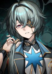 1boy anaxa_(honkai:_star_rail) aqua_hair black_jacket blue_eyes enasuska eyepatch hand_up highres honkai:_star_rail honkai_(series) jacket male_focus medium_hair one_eye_covered parted_lips pink_pupils side_ponytail solo teeth upper_body