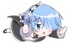 1girl blue_eyes blue_hair blush borrowed_hairstyle chibi commentary_request d: detached_sleeves eternal_oath falling furrowed_brow hair_ornament hair_over_one_eye looking_at_viewer maid maid_headdress open_mouth purple_ribbon re:zero_kara_hajimeru_isekai_seikatsu rem_(re:zero) ribbon ribbon-trimmed_clothes ribbon_trim roswaal_mansion_maid_uniform short_hair simple_background solo transparent_background x_hair_ornament