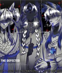 1girl 2boys absurdres aeryel_phanuvel_(crrn) angel angel_wings black_skin black_skirt black_wings blood blood_from_mouth blue_blood colored_skin commentary drooling_blood ecclesiastical_seraphimae_gabriel_(crrn) english_commentary english_text expressionless hadraniel_michael_(crrn) highres lemonsstone long_hair multiple_boys multiple_wings original seraph shirt skirt white_hair white_shirt white_wings wings